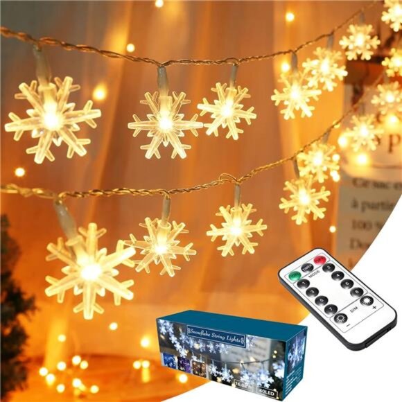 40 LED Snowflake Lights - 16ft Twinkle String Lights w/ Remote, Battery Operated - Picture 1 of 7